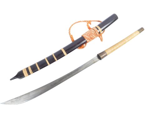 A 20th Century Burmese Dha sword. The sword having a straw bound grip with brass collar and a long gently curved blade. House