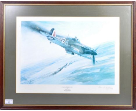 Battle Of Britain VC - Robert Taylor - signed print showing ' James Nicholson winning his VC, August 16th 1940 '. Signed by E
