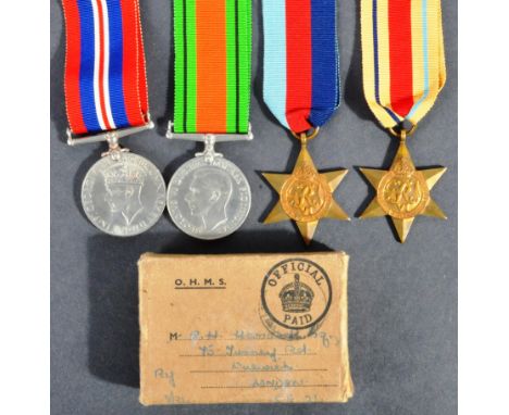 A WWII Second World War medal group awarded to one R. H. Hassard of Dulwich, London. Comprising: War Medal, Defence Medal, 19