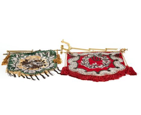 A VICTORIAN GREEN/CREAM FLORAL BEADWORK FIRESCREEN BANNER with brass pivotting arm and clamp, 17" x 15" and a red-ground flor