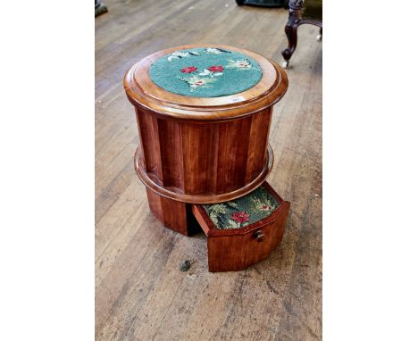 A VICTORIAN MAHOGANY CIRCULAR TWO-STEP COMMODE with fluted sides, hinged carpet work lid &amp; pull out step. £40-£60. 