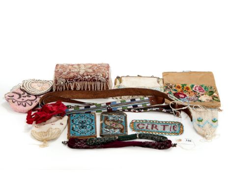 THREE EARLY 20TH CENTURY BEADWORK EVENING BAGS with brass frames and clasps, two woven steel beaded MISER'S PURSES, five othe