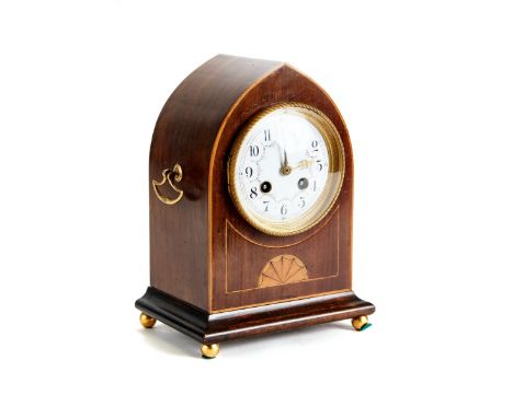 AN EDWARDIAN INLAID MAHOGANY LANCET-CASED MANTLE CLOCK, floral decorated white enamel dial with twin-train French movement, r