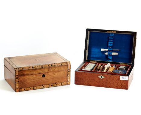 A VICTORIAN BURR-WOOD NEEDLEWORK BOX, internal lift out tray with accessories to include a Victorian turned bone NEEDLECASE, 