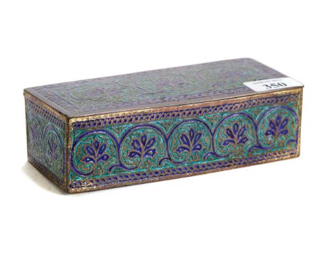 A 19TH CENTURY MIDDLE EASTERN gilded copper and Champleve enamel rectangular BOX, 18.5 x 8cms. £20-£30. 