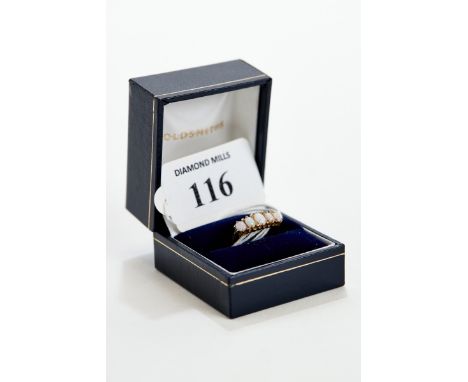 AN EDWARDIAN 18CT YELLOW GOLD GRADUATED FIVE STONE OPAL RING, full hallmark, size N 1/2, approx 2.7 grams. £80-£120.
