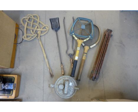 Vintage tennis racquets, carpet beater, etc.