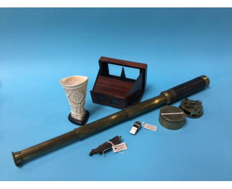 A telescope, a sextant, 1st World War prisoner of war carved cup and a piece of shrapnel etc.