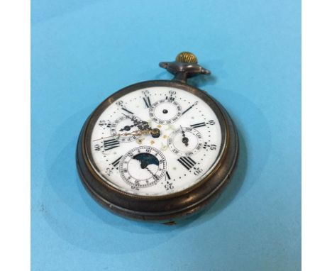 A Continental pocket watch, unsigned enamel face with four subsidiary dials, in gun metal case, 131mm diameter approx. 