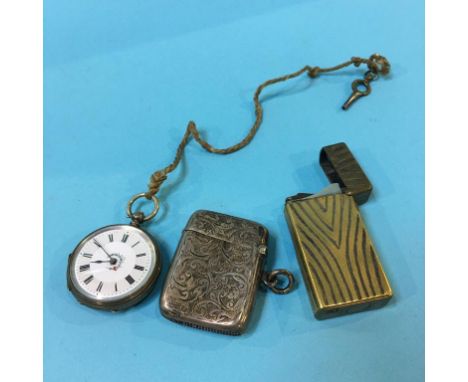 A silver vesta, Dunhill lighter and a pocket watch 