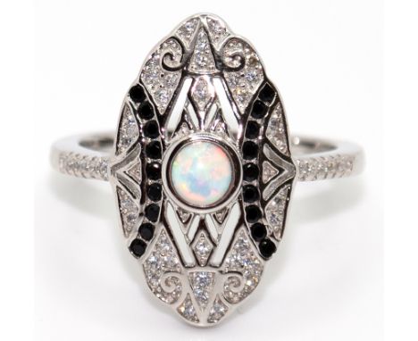 Ring, 925er Silber, schwarze und weiße Zirkonia, Opal, RG 52, Innendurchmesser 16,5 mm