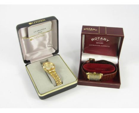 A Rotary gentleman's gold plated wristwatch, circa 1979, rectangular dial bearing Roman numerals, boxed with certificate, and