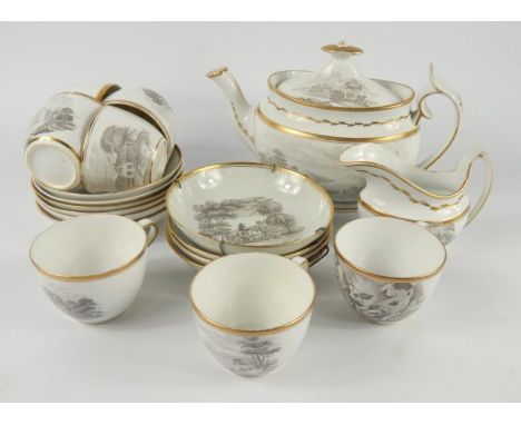 A Spode early 19thC porcelain part tea service bat printed with pastoral scenes, pattern no 557, comprising tea pot, cream ju