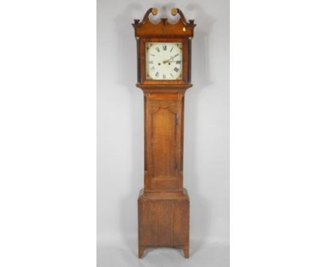 A George III oak and mahogany cross banded longcase clock, Grantham maker, square enamel dial with painted floral spandrels, 