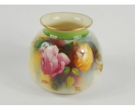 A Royal Worcester porcelain vase painted with roses, of lobed form, circa 1910, printed mark, 8cm high.