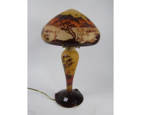 A Cristallerie La Rochere cameo glass table lamp, and mushroom shaped shade, decorated with Oriental landscape and exotic bir