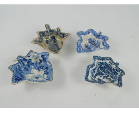 A Spode early 19thC blue and white leaf shaped pickle dish, decorated in the Tower pattern, Rogers blue and white Botanical l