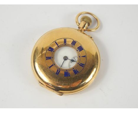 An 18ct gold gentleman's half hunting cased keyless wind pocket watch, enamel dial bearing Roman numerals, subsidiary seconds