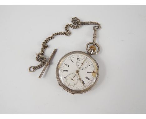 A Continental silver cased chronograph pocket watch, keyless wind, open faced, enamel dial bearing Roman numerals, subsidiary