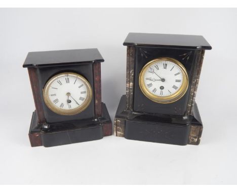 Two late 19thC slate and marble cased mantel clocks, each with enamel dials bearing Roman numerals, thirty hour movement, 22.