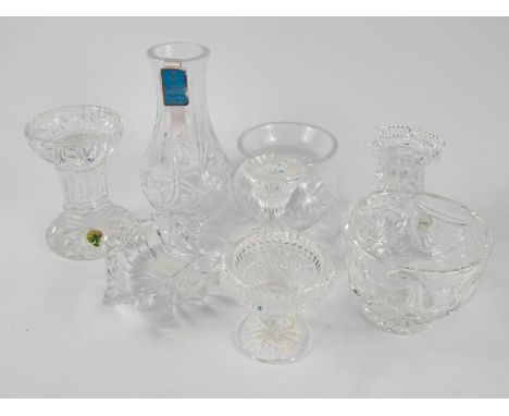 A Waterford Crystal Family Knot hurricane lamp shade, 20cm high, three candlesticks, leaf shaped dish, pedestal salt and two 