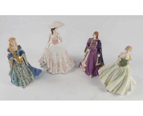 A group of Royal Worcester porcelain figures, comprising Keepsake, The Garden Party, Bronwen and The Chalice of Love, all lim