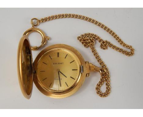 A Jean Renet lady's burnished gold plated hunting cased pocket watch, Quartz movement, on a plated curb link Albert chain.