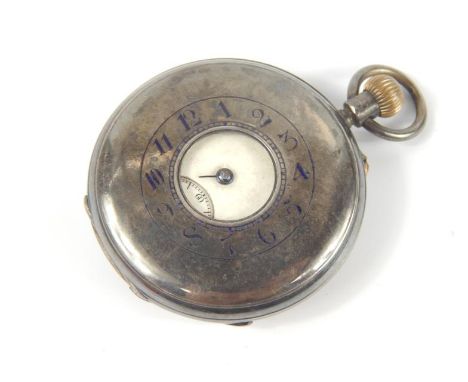 An Edward VII silver half hunting case keyless wind pocket watch, enamel dial bearing Arabic numerals, subsidiary seconds dia