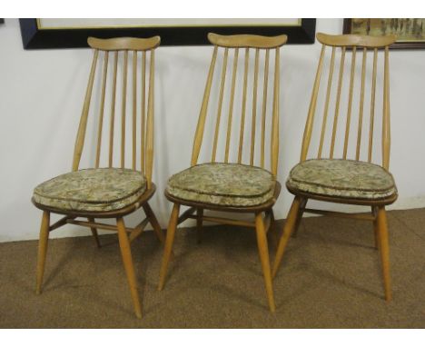 FURNITURE/ HOME - A set of 3 Blonde Ercol Goldsmith chairs, each with original Ercol sticker, 1960 date stamp to base of seat