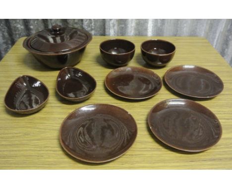 CERAMICS/ LOCAL INTEREST - A collection of 9 ceramic 'Portrush Pottery' pieces, with brown glaze. Pieces include a casserole 