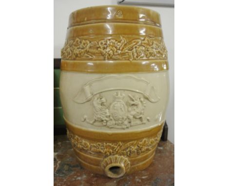 CERAMIC/ANTIQUE - A large Victorian Earthenware 4 gallon barrel with grapes & vine motif & heraldic crest in the centre. Prod
