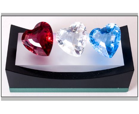 Swarovski Fine Cut Crystal And Faceted Large 1996, 1997 & 1998 Renewal Hearts in colours of ruby, sapphire & diamond. With di