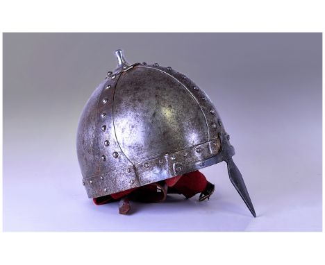 Reproduction Steel Anglo Saxon Helmet with rivitted straps to the shaped top.