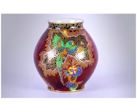 Crown Devon Lustre Vase ' Birds ' Pattern on Ruby Red Ground. c.1920's. Height 4.5 Inches.