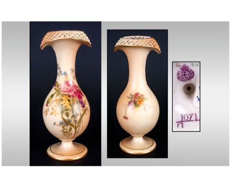 Royal Worcester Unusual Shaped Hand Painted Blush Ivory Vase, with Ricticulated Rim. Date 1909. Spring Flowers, Stands .5 Inc