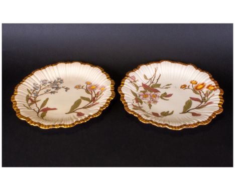 Royal Worcester Fine Pair Of Handpainted Blush Ivory Cabinet Plates Date 1893.  Each Plate 8.5''in diameter.