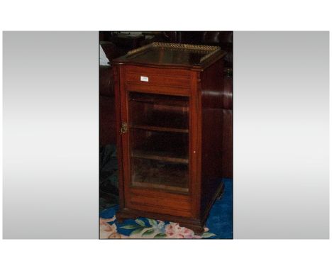 Victorian Mahogany Glazed Front Music Cabinet, single door with brass gallery pierced top. OG bracket feet 36 by 19 inches..