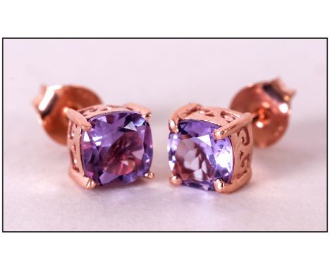 Rose de France Amethyst Stud Earrings, cushion cut solitaire amethysts in rose gold vermeil and silver mounts with post and p