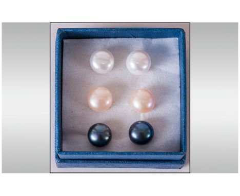 Three Pairs of Fresh Water Pearl Stud Earrings, button pearls of approximately 10mm diameter with silver post and push back f