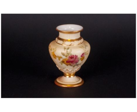 Royal Worcester Handpainted Urn Shaped Blush Ivory vase with gold Borders date 1887.  Stands 4''high 