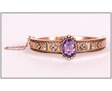 Edwardian 9ct Gold Amethyst and Seed Pearl Coronet Bracelet. Fully Hallmarked For Birmingham 1908. 11.2 grams.