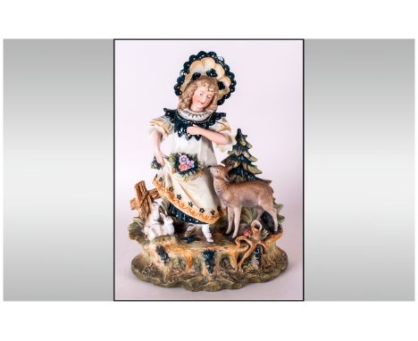 Very Fine - German Late 19th Century Bisque and Enamel Group Figure. Stands 11.75 Inches High. 