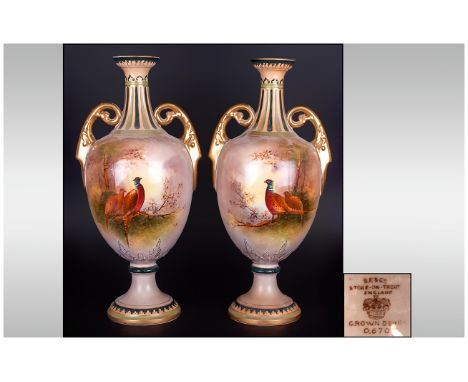 Pair of Hand Painted and Signed Crown Devon Two Handled Vases, In The Royal Worcester Style ' Pheasant and Hen Pheasant ' In 