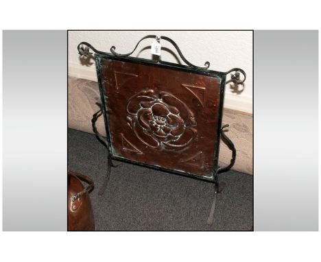 Copper Embossed Firescreen with iron frame & attachments. In the art nouveau style. Embossed rose flower design 29'' in heigh