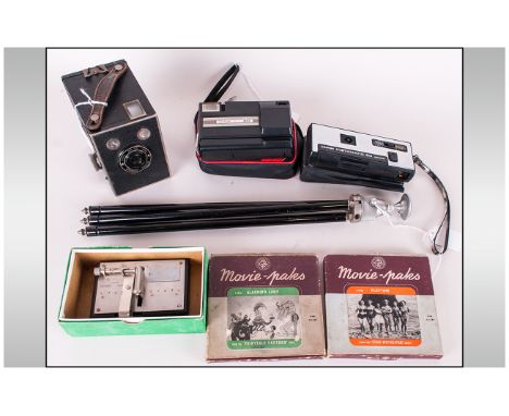 A Vintage Collection of Movie and Camera Memorabilia, Includes Kodak Box Camera and Kodak Pocket Cameras + Two 8 mm Movies Pl