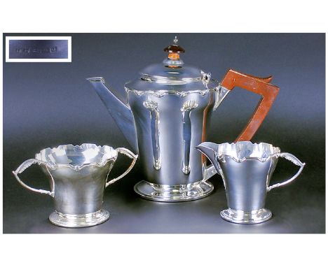 Art Deco Silver 3 Piece Tea Service. Hallmark Birmingham 1933. Makers Mark - E.W.H. Teapot 8.25 Inches High. 27.5 ozs.  