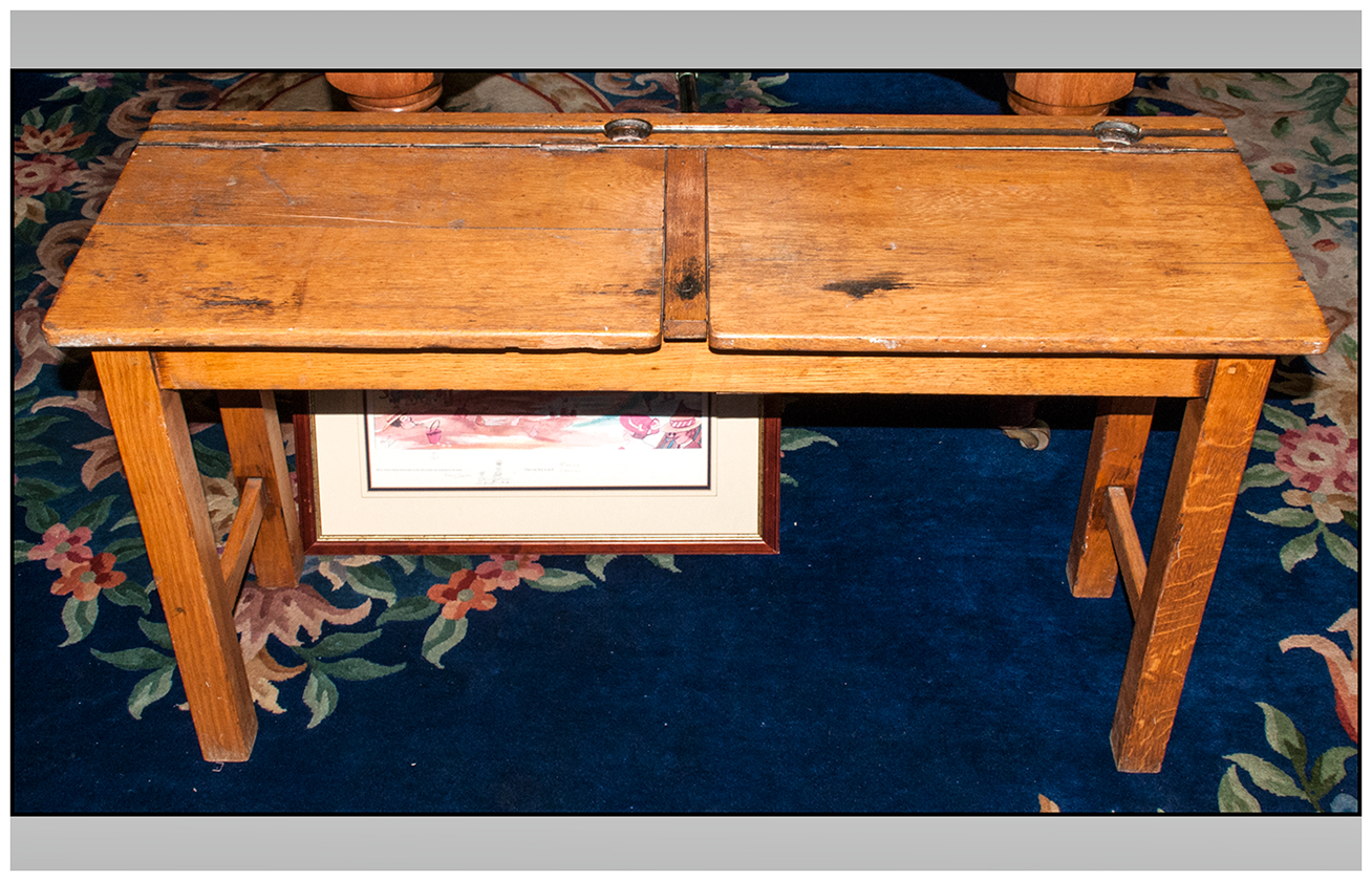 Vintage Light Oak Twin School Desk With A Double Lift Up Top And