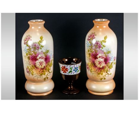 Pair of Crown Devon Vases, with floral decoration, full marks to base. Approx 12 inches in height. Together with copper lustr