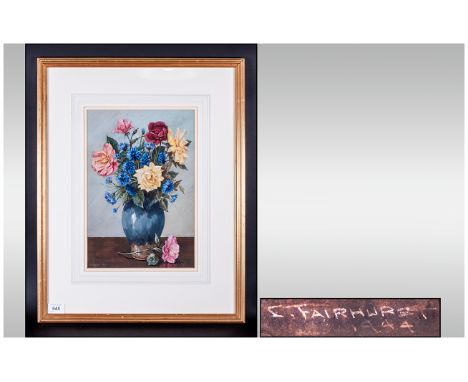 Enoch Fairhurst b.1874. Lived Bolton - Still Life of Roses In a Blue Ceramic Vase, Watercolour, Signed. Size 14 x 9.1/4 Inche