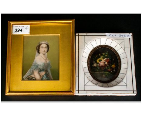 20thC Still Life Miniature depicting floral bouquet, piano key frame. Together with a portrait miniature in gilt frame.